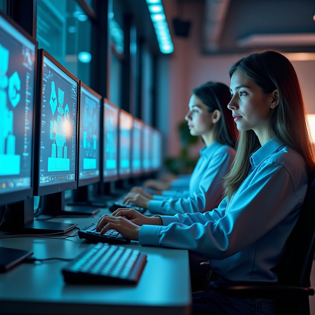 AI öğrencileri modern sınıfta bilgisayarlarla çalışıyor